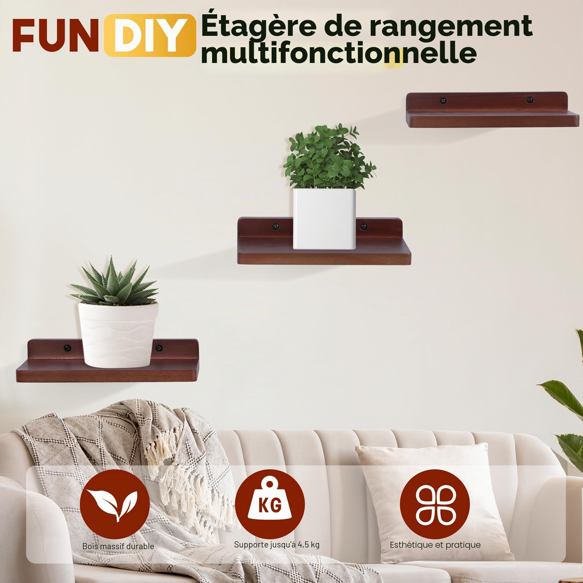 Petite étagère flottante, 12,7 x 21,6 cm, lot de 3 petites étagères murales pour chambre à coucher, salon, salle de bain, cuisine, bureau (noyer)
