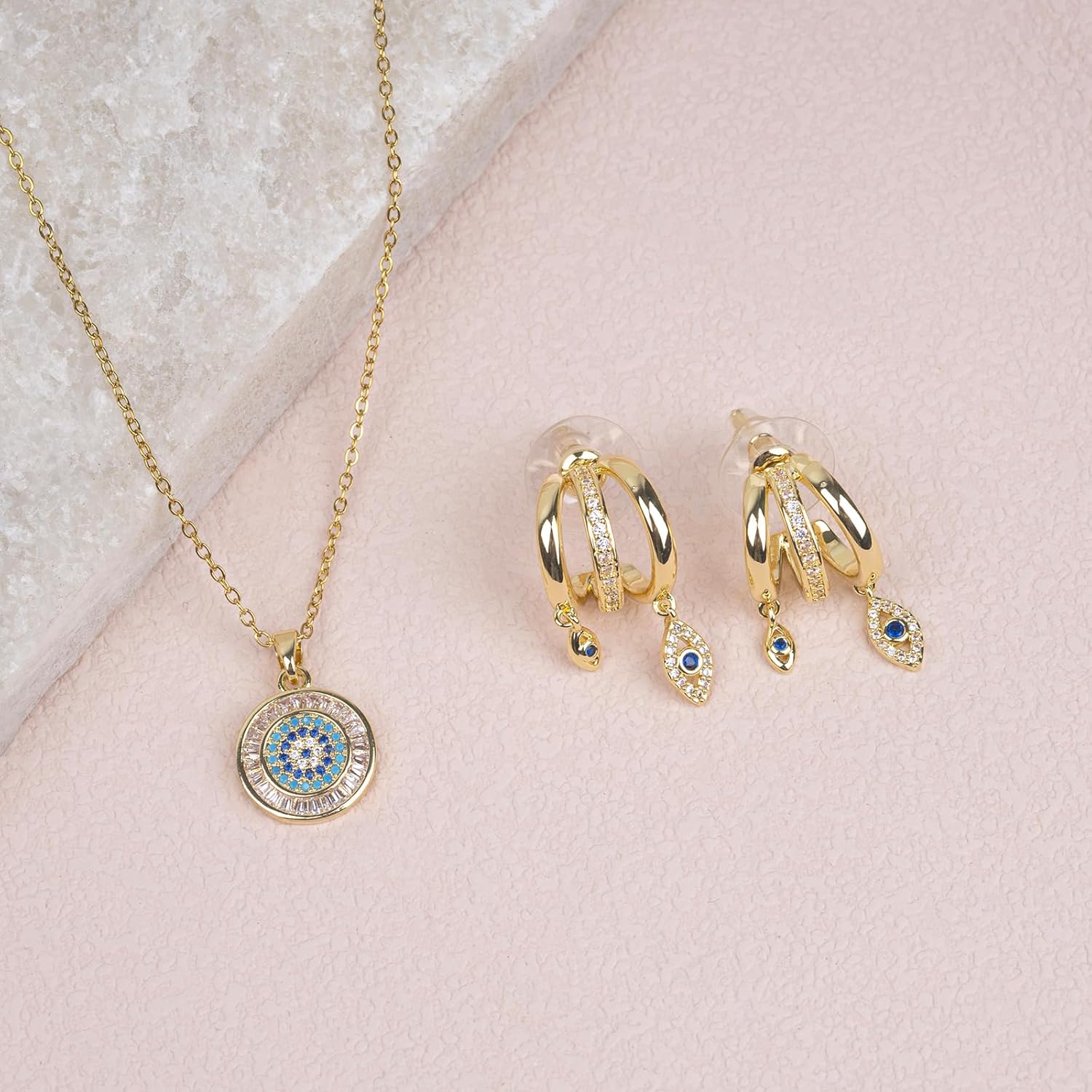Evil Eye Necklace and Earrings Set Gold Pendant Greek Protection Jewelry Amulet Gift for Women Men