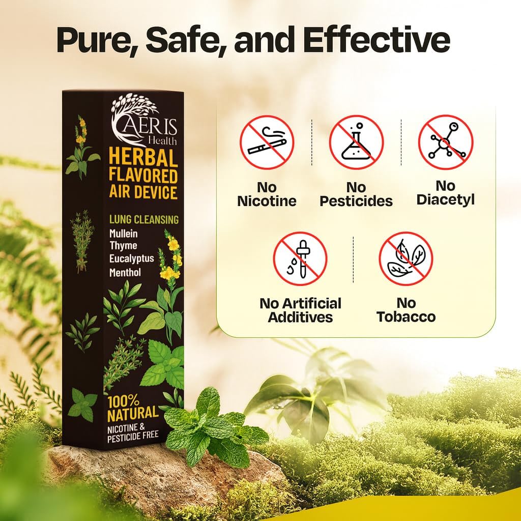 Herbal Flavored Air Device | 100% Natural Mullein, Thyme, Eucalyptus & Menthol | Smokeless Inhaler | Crisp Menthol Freshness for Clean Breathing