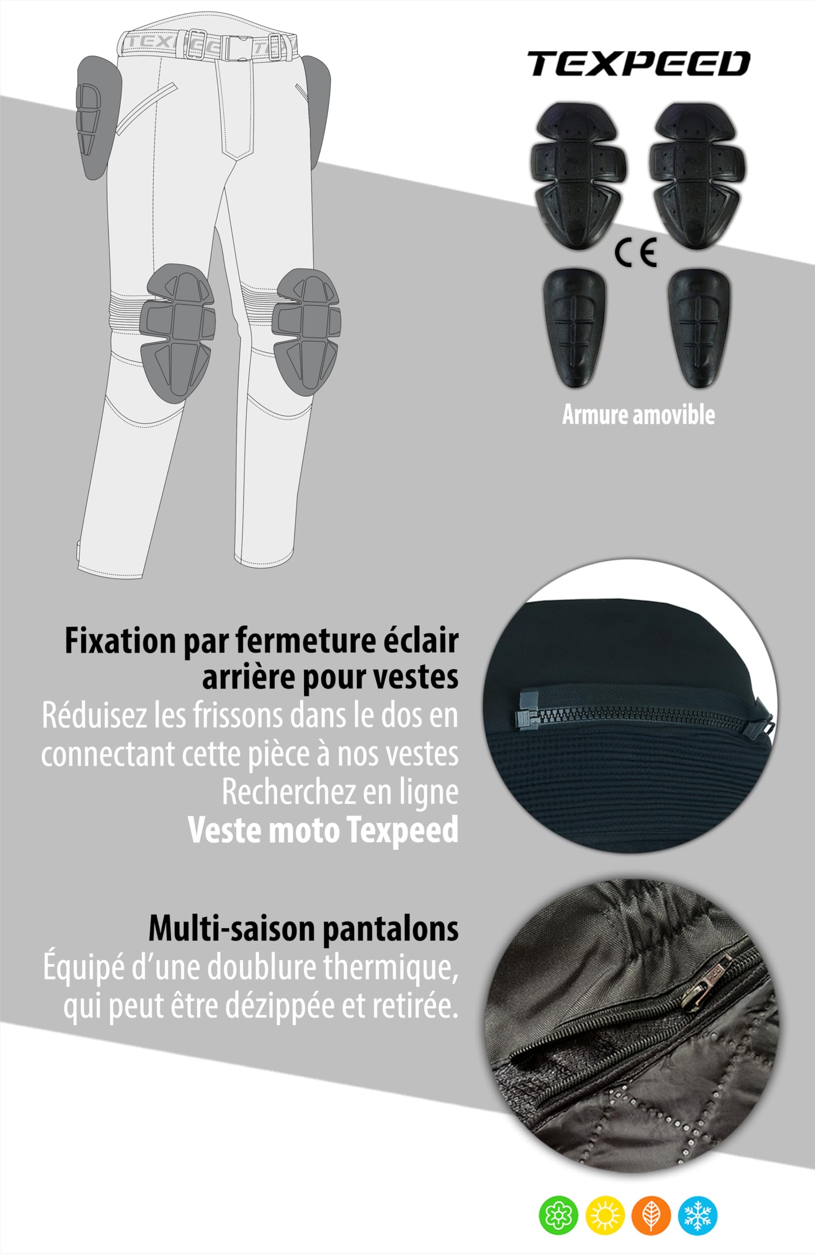 Texpeed Pantalon de Moto Homme Renforcé - Hiver/été Cordura Imperméable - Toutes Tailles - Avec Armure CE Protection (EN 1621-1) - Noir - L