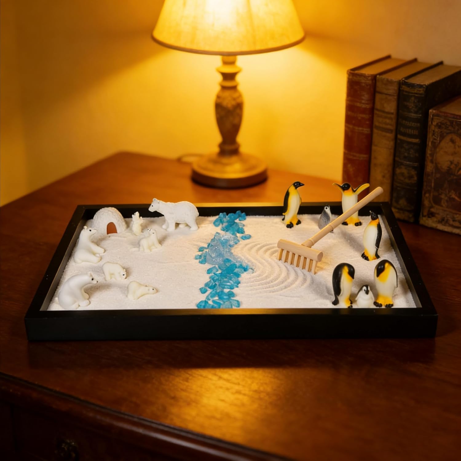 Decorative 47pcs 2-in-1 Penguin & Farm Animals Zen Sand Garden Kit, Mindfulness Relaxation Tabletop Therapy Set for Adults with Miniature Animals, Stress Relief Sandbox for Home Office Meditation