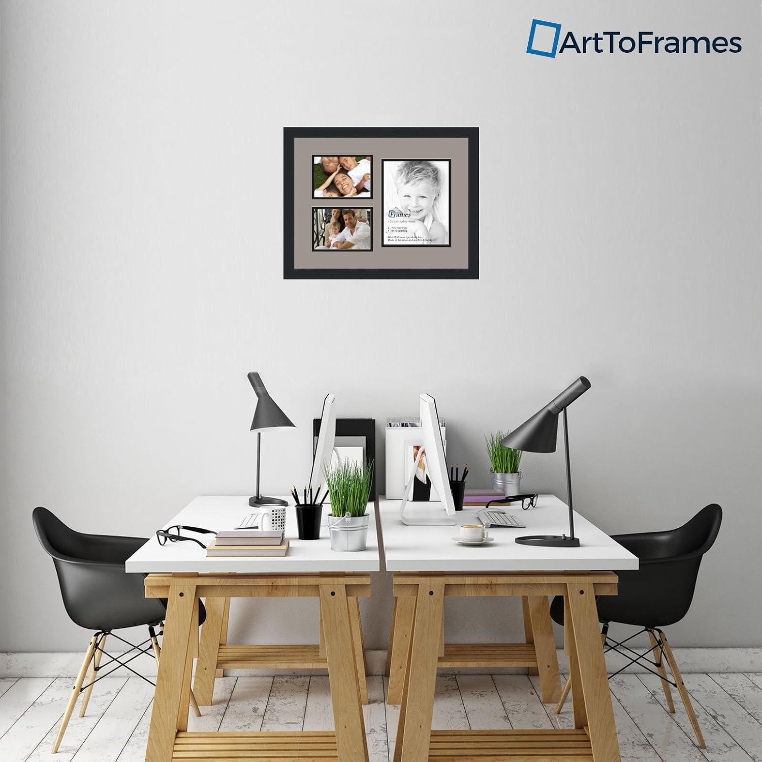 Art to Frames Double-Multimat-1128-88/89-FRBW26079 Collage Photo Frame Double Mat with 1-8x10 and 2-5x7 Openings and Satin Black Frame