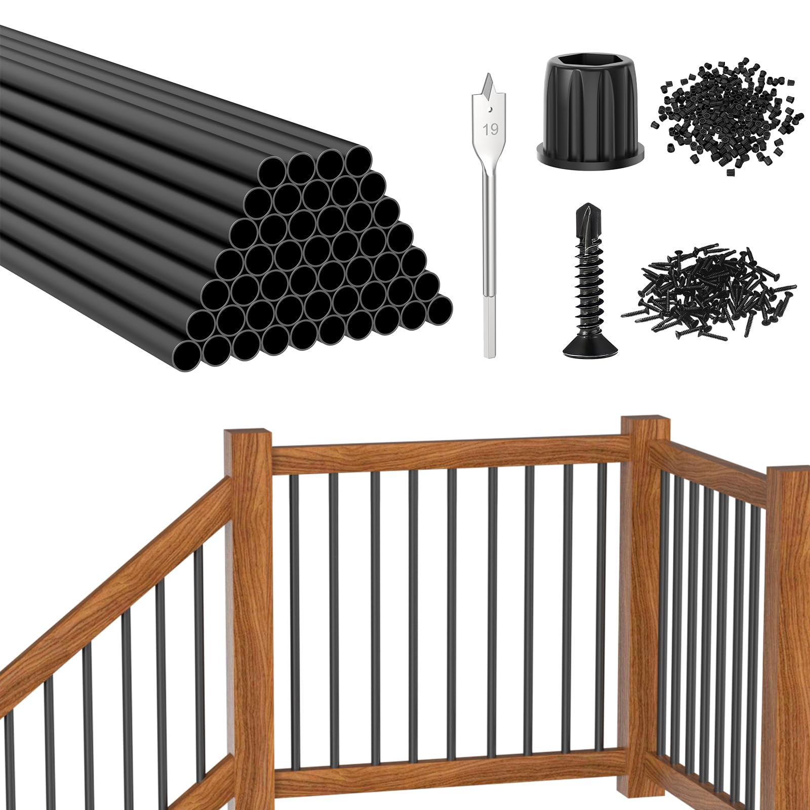 cke 50 pack 36" round aluminum deck balusters, 3/4" diameter hollow round black aluminum balusters for deck railing, metal deck baluster stair spindles with screws/conectors for railing fencing r36