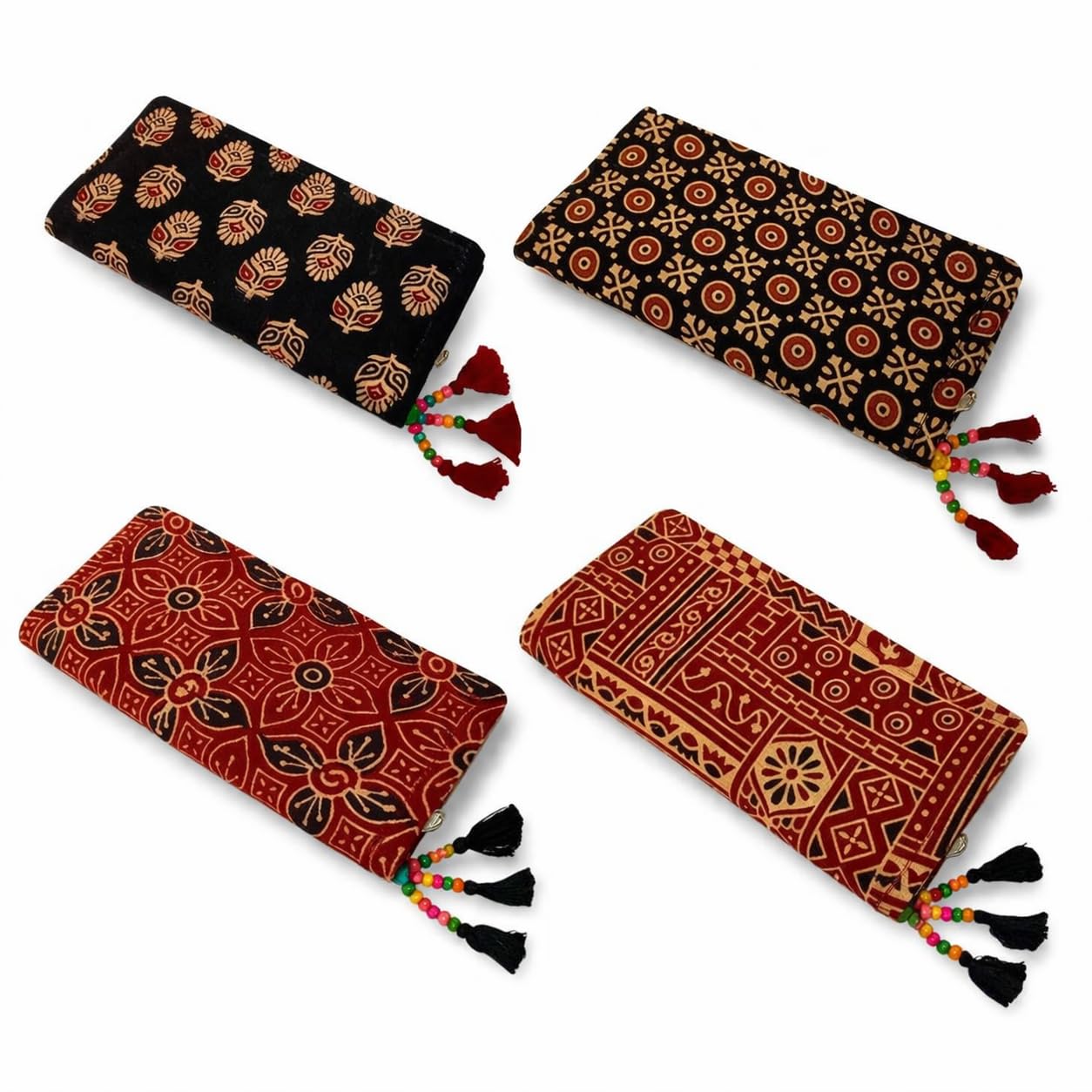 Cotton Block Print Wallet for Women with Zipper | Handmade Embroidery Purse with Beads Tassel | Ethnic Travel Organizer Pouch | Multi-Compartment Clutch Pack of (2)-image-2