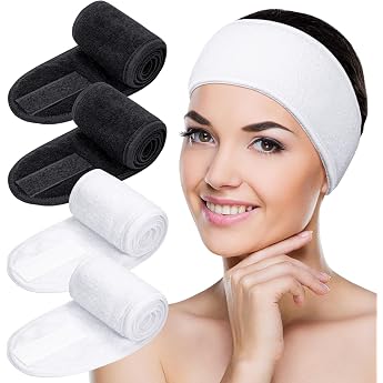 MELLIEX Pack of 4 Cosmetic Hair Bands Spa Headband Terry Towelling Hair Bands for Make-Up Sports Yoga Adjustable Headband with Velcro Fastening Black + White