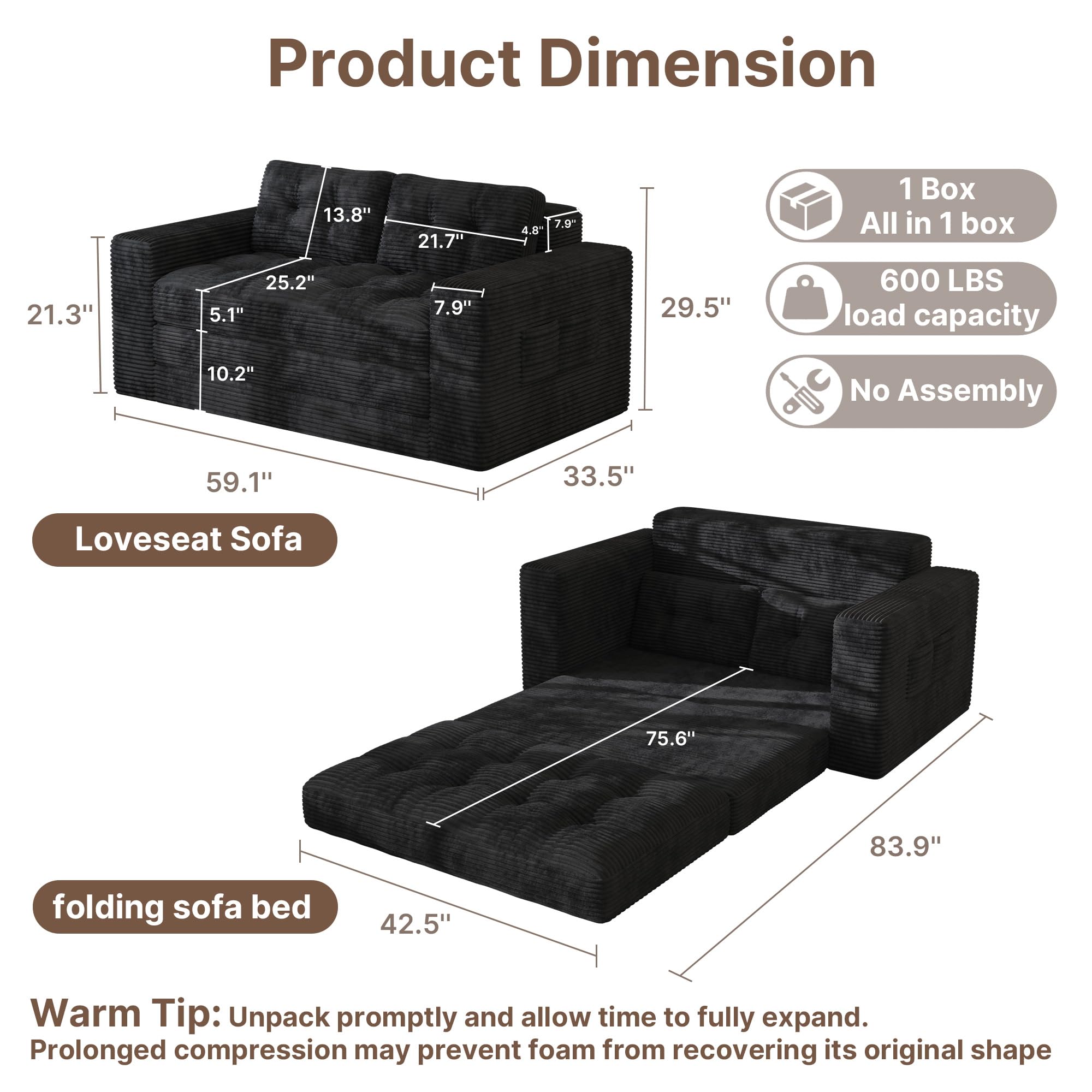 Gizoon Boneless Couch Bed Small Floor Couch 59" Convertible Sleeper Sofa | Folding Sofa Bed with 2 Pillows & Memory Foam, Corduroy Pull Out Couch for Small Spaces, Apartment, Living Room, Black