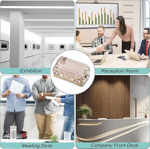 Miniatura 8 de Hipiwe Paquete de 2 soportes para tarjetas de visita de cristal de metal dorado para escritorio, oficina, organizador de almacenamiento de tarjetas