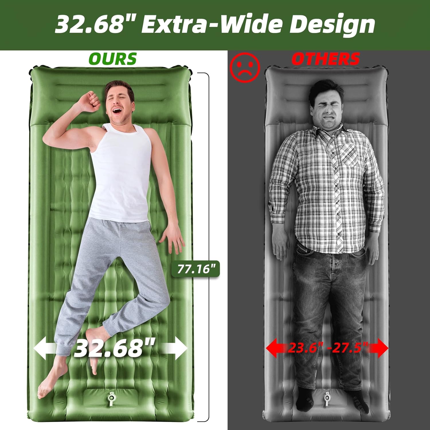 Sleeping Pad for Camping, 32.68 Inch Extra Wide Inflatable Camping Mat with Pillow and Built-in Foot Pump, Air Mattress 5.11 Inch Extra Thick for Tent (Army Green)