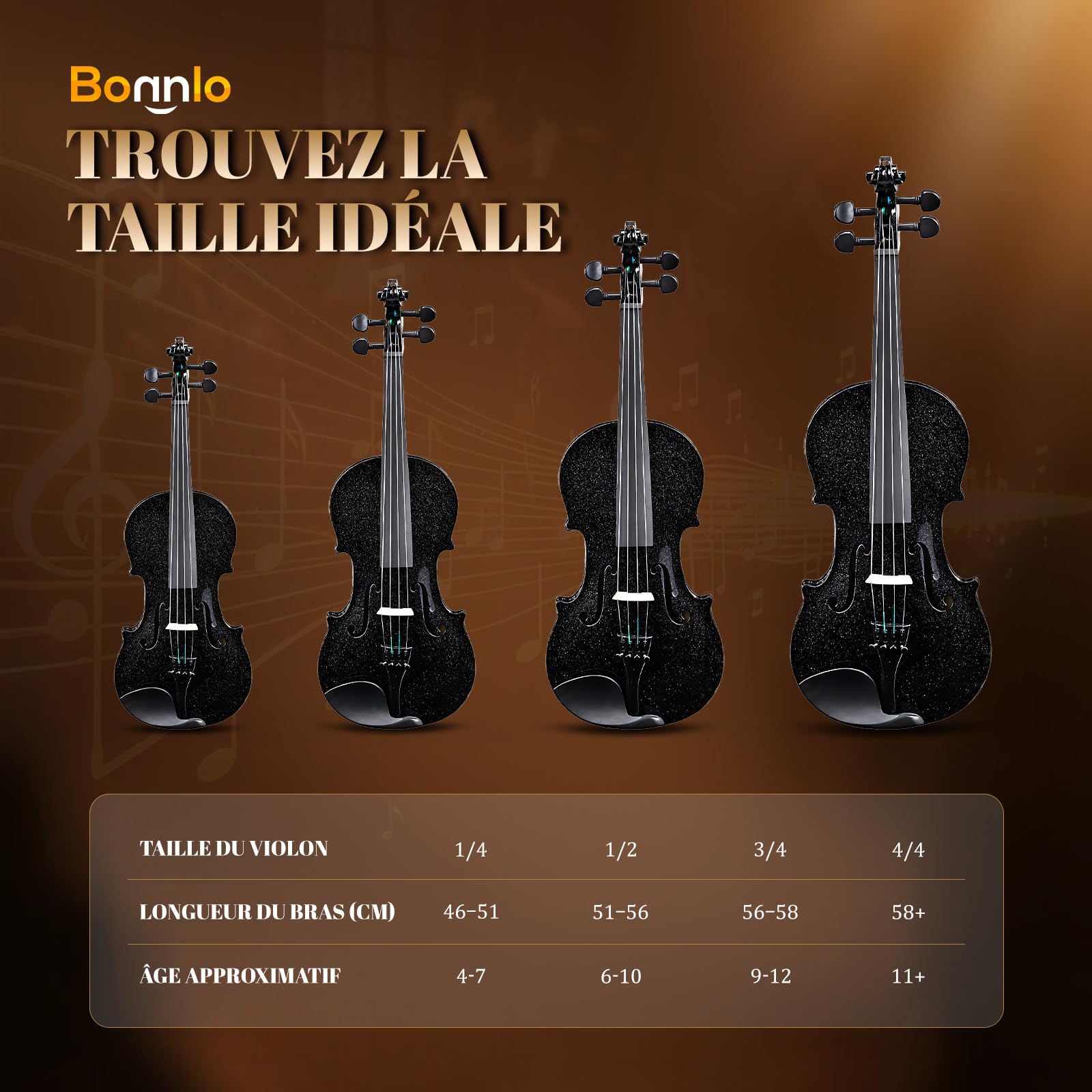 Bonnlo Violino per Bambini e Principianti, Misure 1/4, 1/2, 3/4 e 4/4, Violino in Legno Compensato di Tiglio con Acro in Legno Rosso, Astuccio, Colofonia e Mentoniera, 4/4, Nero Stellare