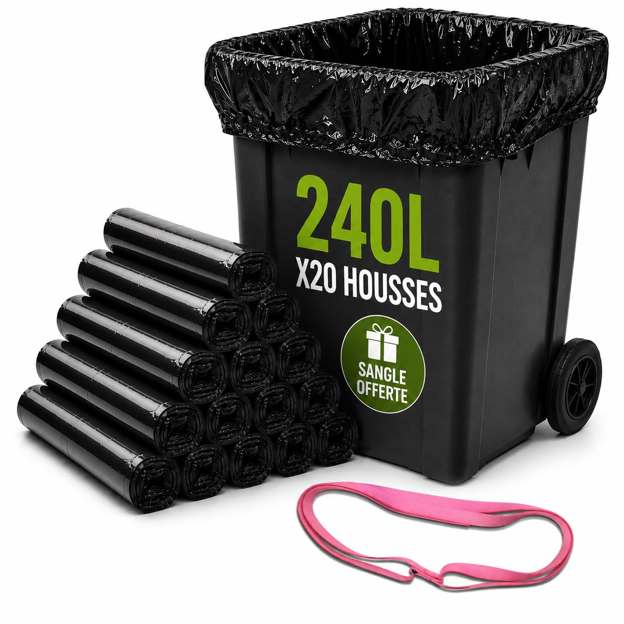 Bolsa de basura de 240 litros | 20 fundas de contenedor + 1 correa de fijación incluida. Bolsas fundas de 240 litros, color negro | todo tipo de residuos y basura, grosor 30 µ, antifugas y