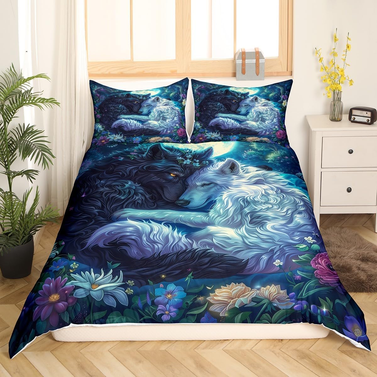Wolf Couple Duvet Cover Twin Size,Moon Night Starry Sky Bedding Set,Kids Girls Teens Boys Room Decor,Watercolor Flower Plants Comforter Cover Nature Wild Animal Quilt Cover,1 Pillowcase(No Comforter)