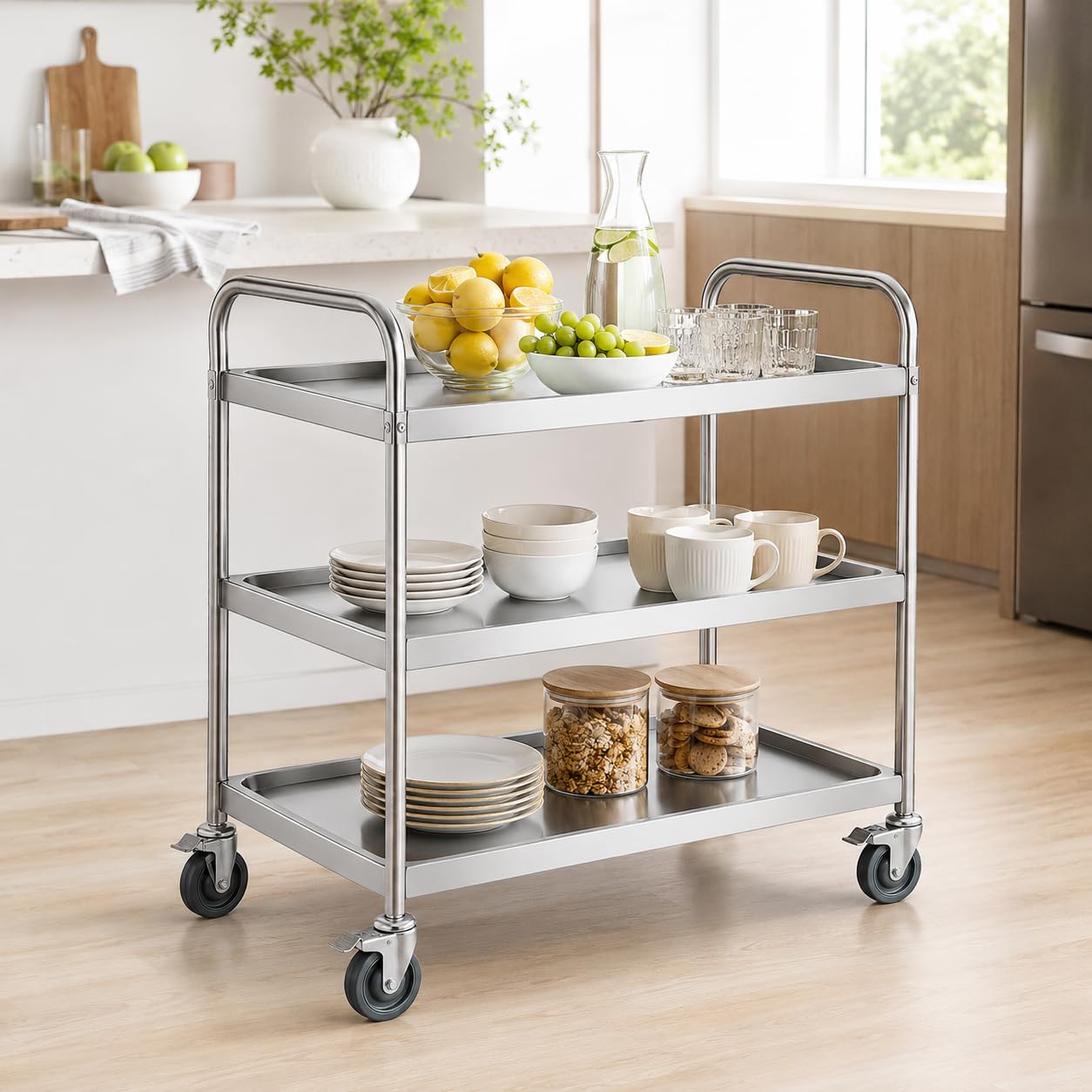 Carro de cocina de acero inoxidable con ruedas y frenos, 3 estantes, carro de servicio para cocina, restaurante, hotel, laboratorio, 50 x 40 x 86 cm