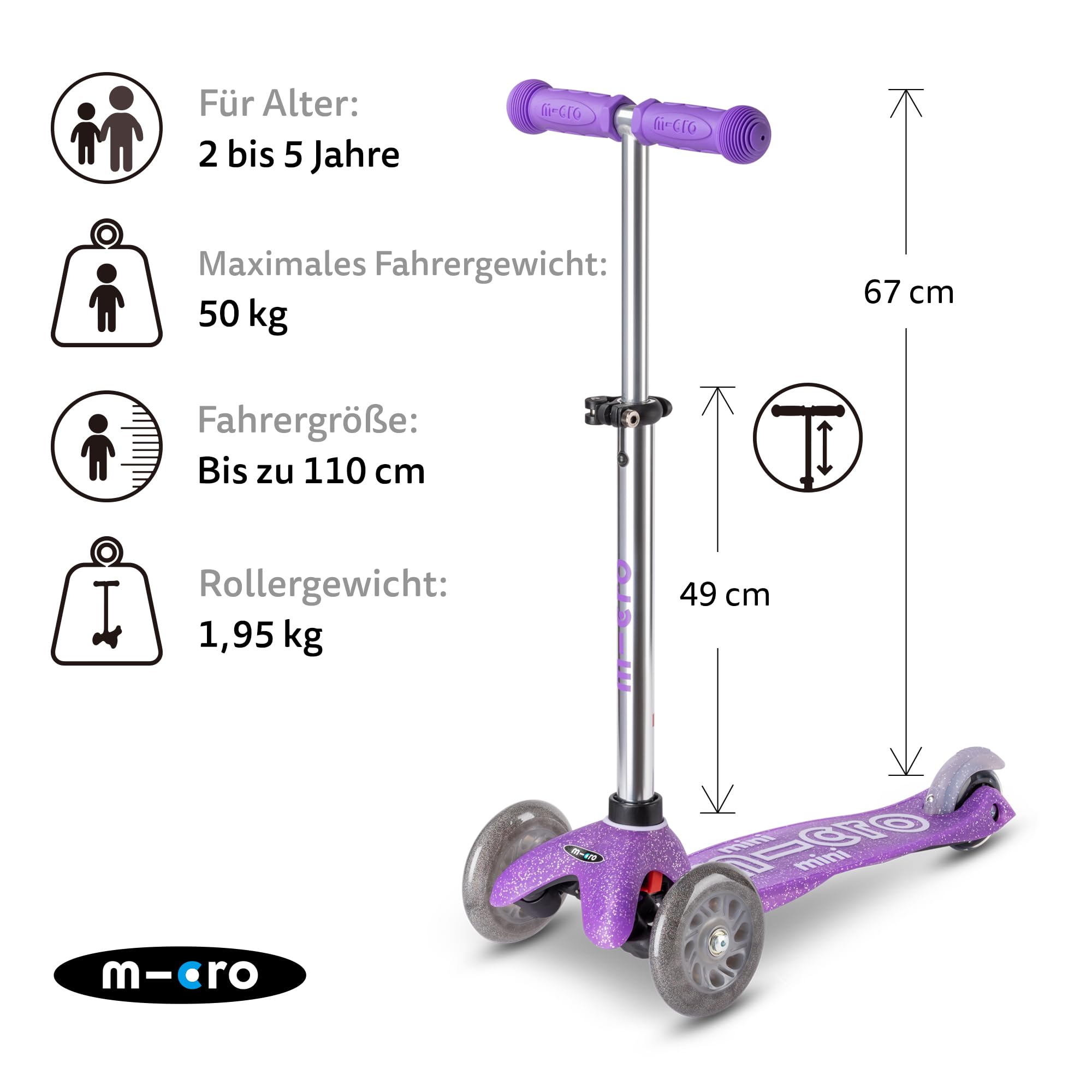 micro™ Mini micro Deluxe Fairy Glitter LED | Höhenverstellbar | Das ORIGINAL | Kinderroller ab 2 Jahren | Inklusive LED Rollen | Jungs & Mädchen 2-5 Jahre | Weiche Lenkung durch Gewichtsübertragung, Lenker millimeterverstellbar, leicht, PU-Rollen mit Indu