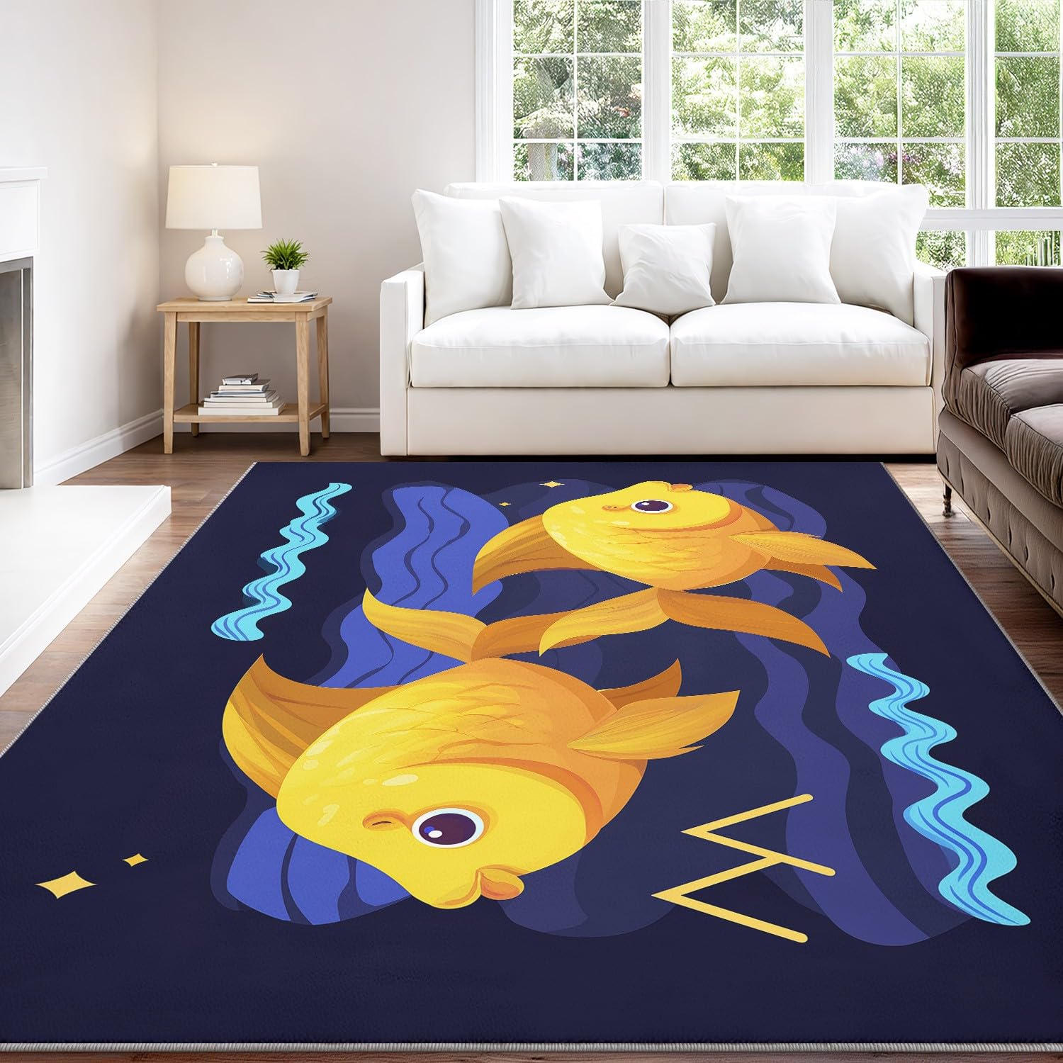 Générique Dywan nadający się do prania w pralce salon 120 x 180 cm Cartoon Dywan Ocean Niski Włosie Miękkie Antypoślizgowe Śliczne Zabawne Pływanie Ławka Ryby Sypialnia Kuchnia Przedpokój Relaks