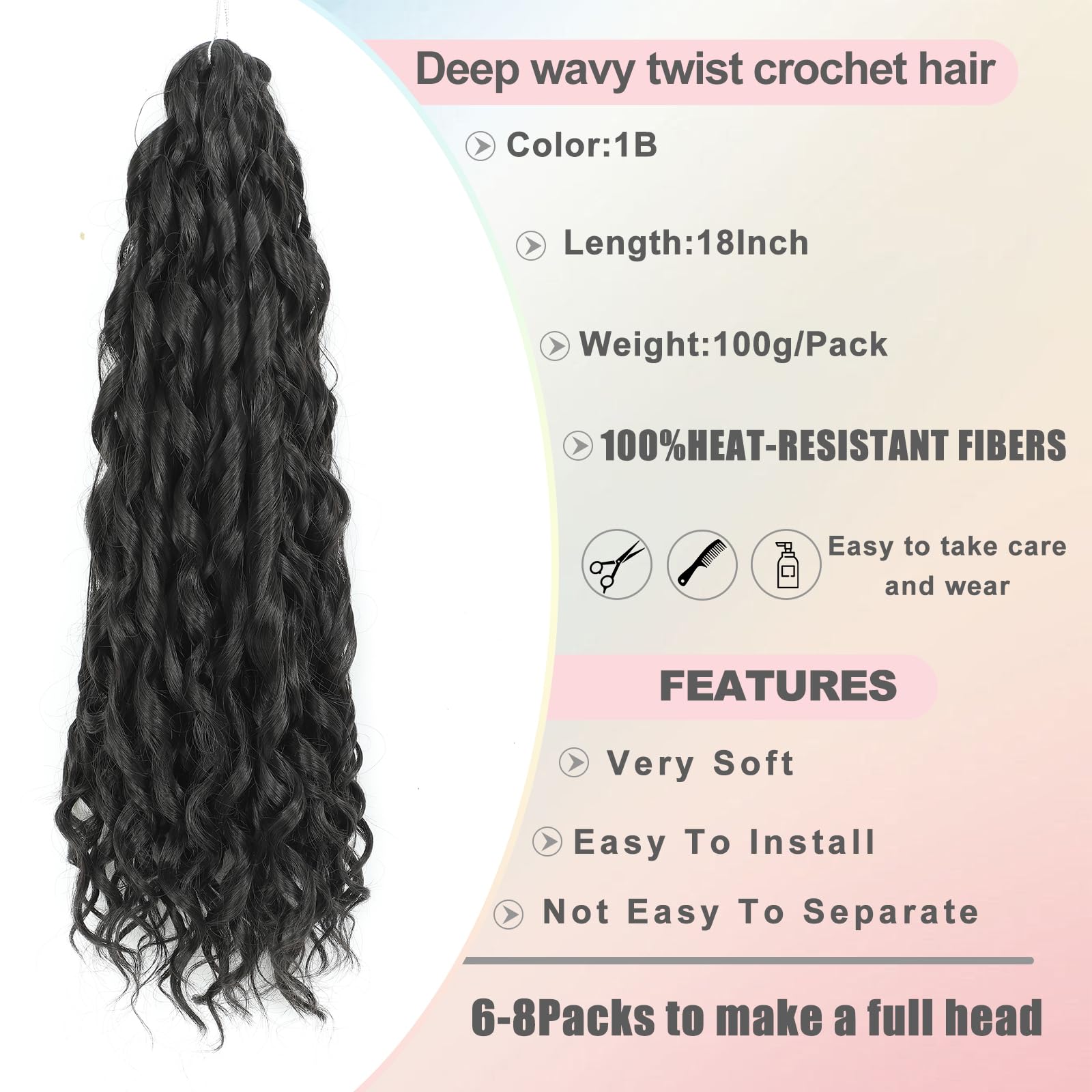 FANWYFYU 6Packs Deep Wavy Twist Crochet Braids Hair 18Inch French Curly Braiding Hair Pre-Looped Long Bohemian Crochet Hairs Water Wave Synthetic Curly Hair Extensions for Women and Girls (1B) - Image 2