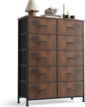 Sweetcrispy 10 Drawer Tall Dresser for Bedroom & Living Room, Brown | Fabric Storage Dresser Tower with Bins, Anti-Tip, Chest Organizer Unit, Steel Frame, Wood Top, Easy Pull Handle