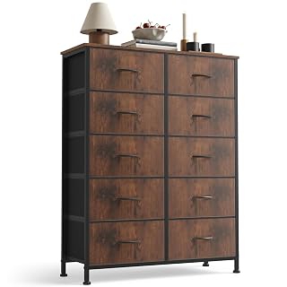 Sweetcrispy 10 Drawer Fabric Dresser Storage Tower with Bins, Tall Chest Organizer for Bedroom Closet Hallway, Steel Frame Wood Top Easy Pull Handles,Rustic Brown - Amazon product rated Grade A