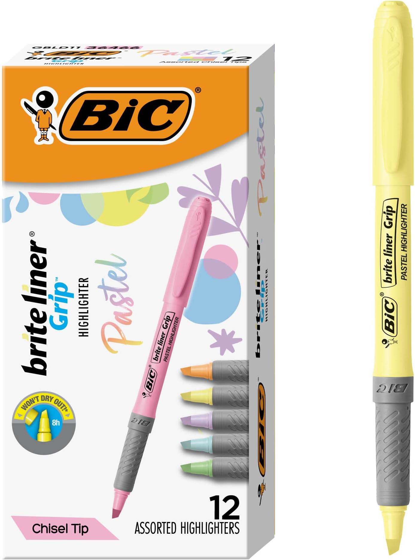 BIC Brite Liner Grip Pastel Highlighters, Assorted Ink Colors, Chisel Tip - Box of 12 Assorted Pastel Highlighters