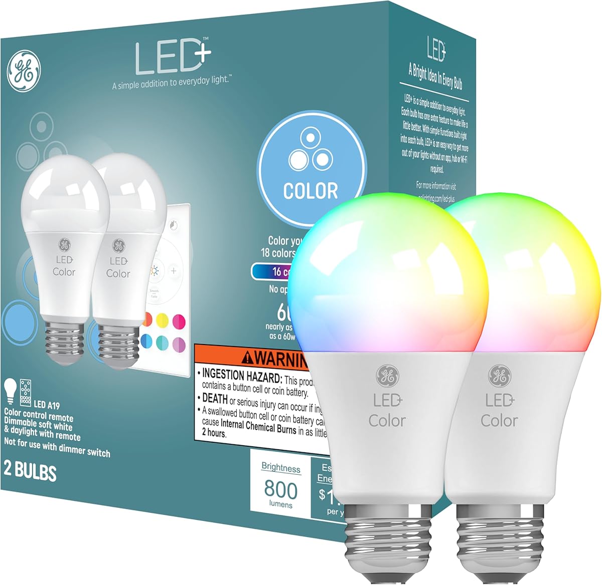 GE LED+ Color Changing LED Light Bulbs with Remote, No App or Wi-Fi Required, A19 Bulbs, CA Compliant (2 Pack)