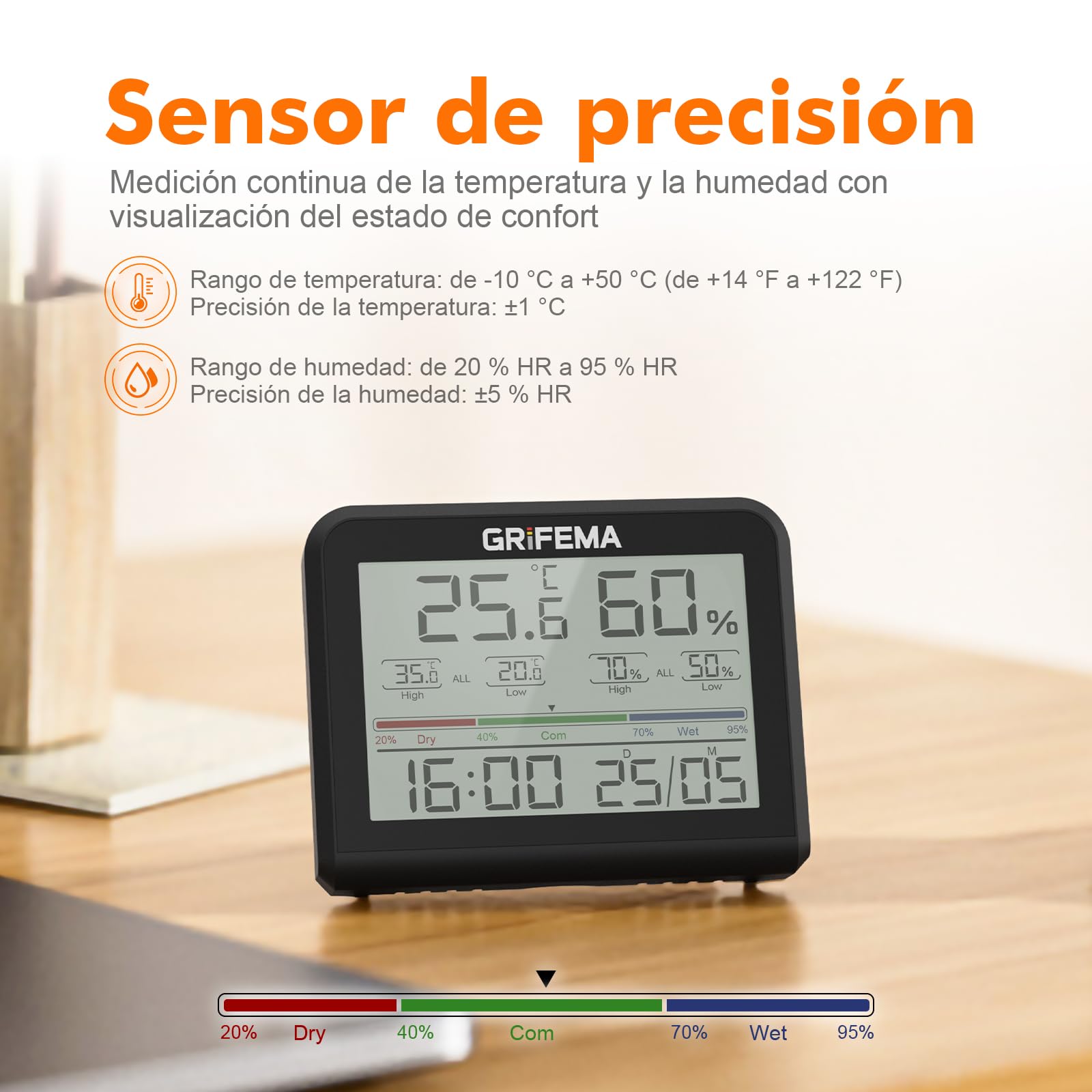 GRIFEMA GA2901B, Termómetro Digital Interior del Higrómetro, Digital Medidor de Humedad con Retroiluminación, Registro Máx/Mín, Reloj/Fecha, Ideal para Hogar/Invernadero, Negro