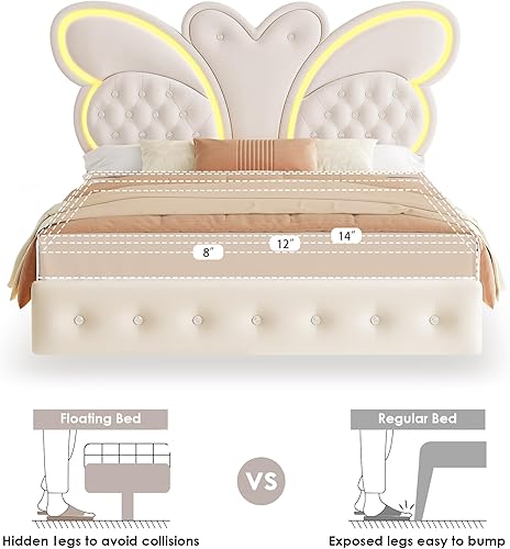 Miniatura 5 de Keyluv Base de cama Queen con cabecera tapizada con patrón de mariposa, moderna cama flotante con luces LED, botón copetudo en cabecero y estribo,