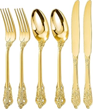 bUCLA HEAVYWEIGHT 300PCS Gold Plastic Silverware Disposable - Extra Heavy Duty Plastic Cutlery - Gold Disposable Utensils Set - Include 100 Knives, 100 Forks, 100 Spoons for Party & Special Moments