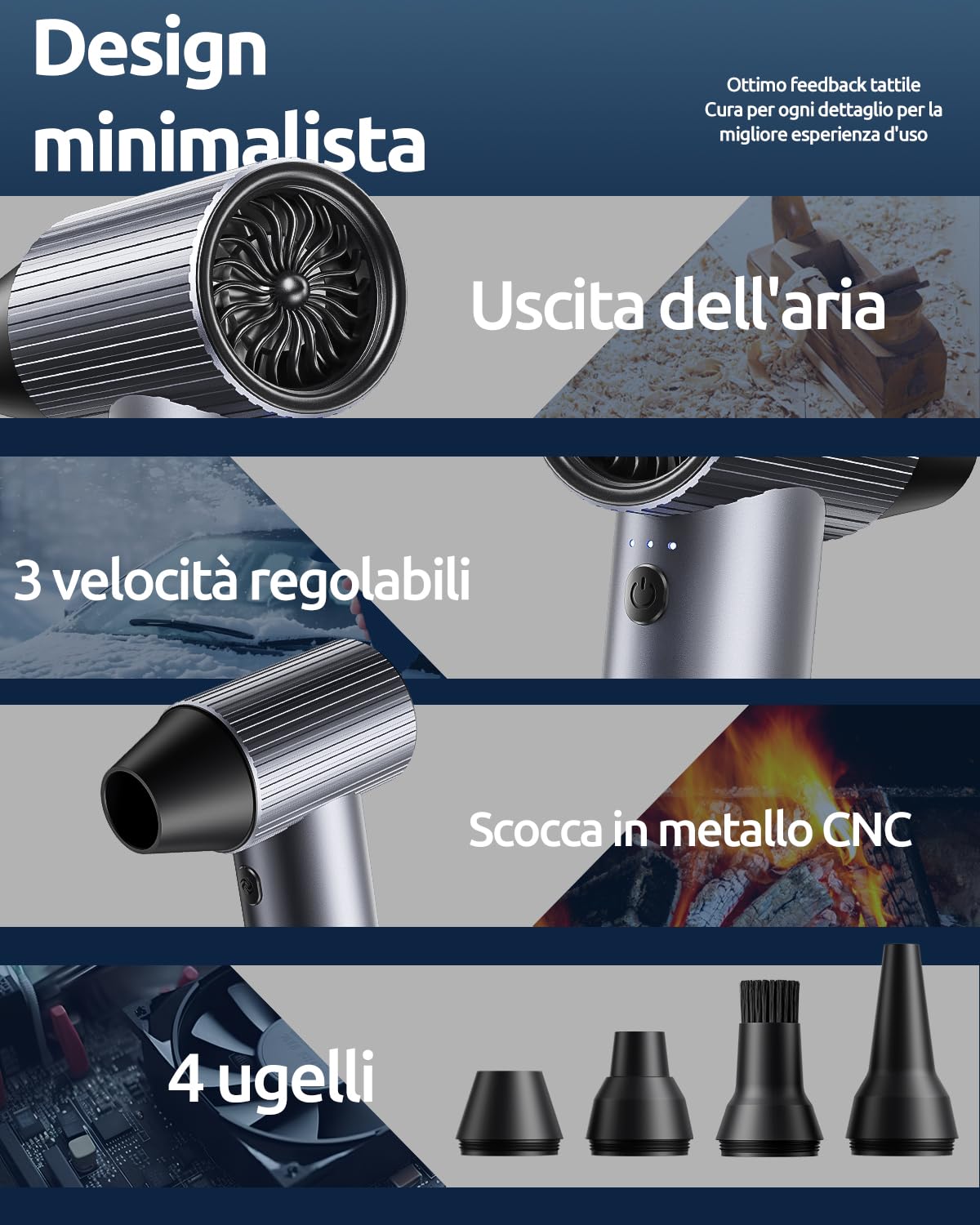 300000RPM Soffiatore Aria Compressa in Metallo - Mini Soffiatore a Batteria con 3 Velocità Regolabili e 4 Ugelli - Senza Fili e Ricaricabile - High-Power Air Duster per Auto/Casa/Ufficio/Camping