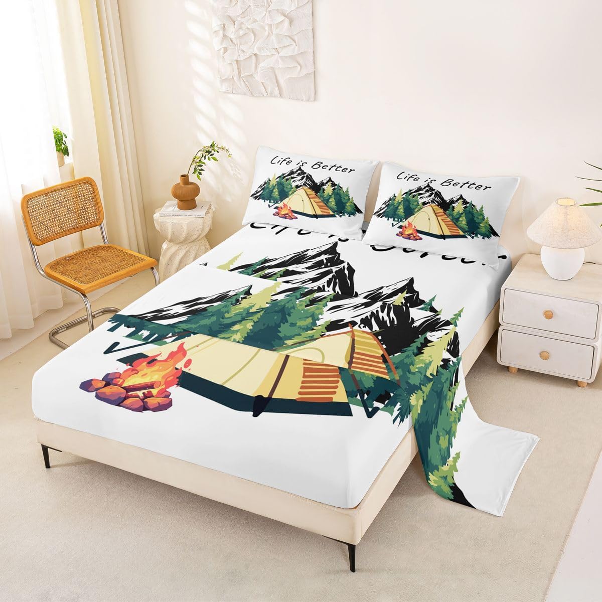 Erosebridal Camfire Tent Glamping Sheet Set Black Smoky Mountain Camping Full Size Bed Sheets for Toddler Boys,Camp Pine Trees Camper Decor Vintage Bedding Set