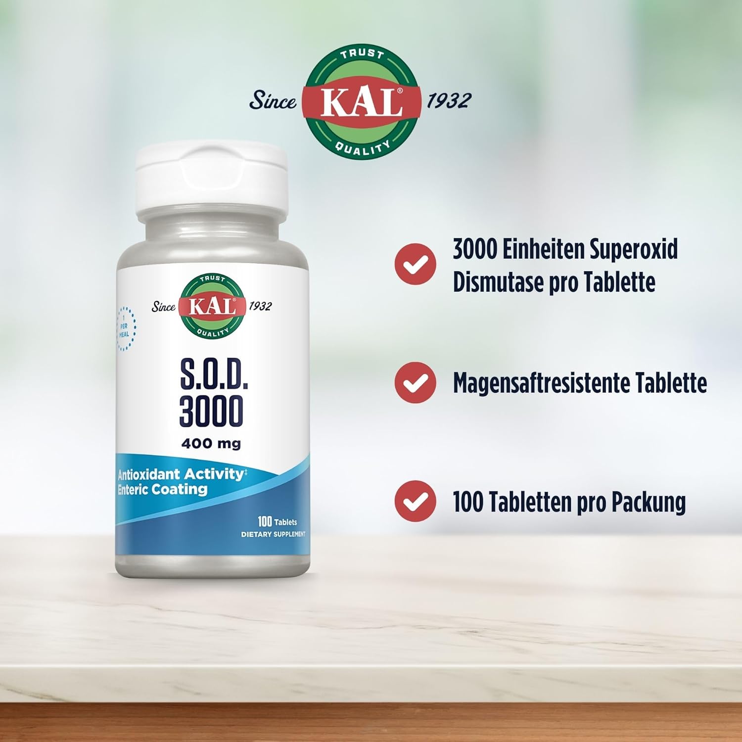 KAL S.O.D. 3000 Antioxidant Supplement 400mg, Superoxide Dismutase (SOD), Beef Liver Source, Super Antioxidant Support, Enteric Coated for Maximum Assimilation, 60-Day Guarantee, 100 Serv, 100 Tablets