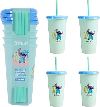 MINISO Disney Lilo & Stitch 16oz Iced Coffee Cups with Lids & Straws, 4 Pack Reusable Plastic Tumblers BPA Free Cup for Cold Drinks, Milkshake, Smoothie, Juice, Water, Travel and Party Favors