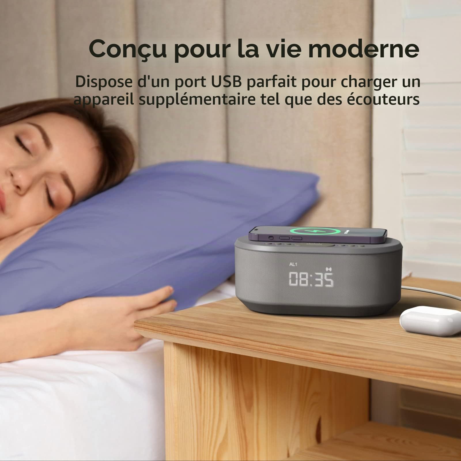 Réveil de chevet sans fil avec affichage LED à intensité variable, sans tic-tac, alimentation secteur avec chargeur USB et enceinte Bluetooth