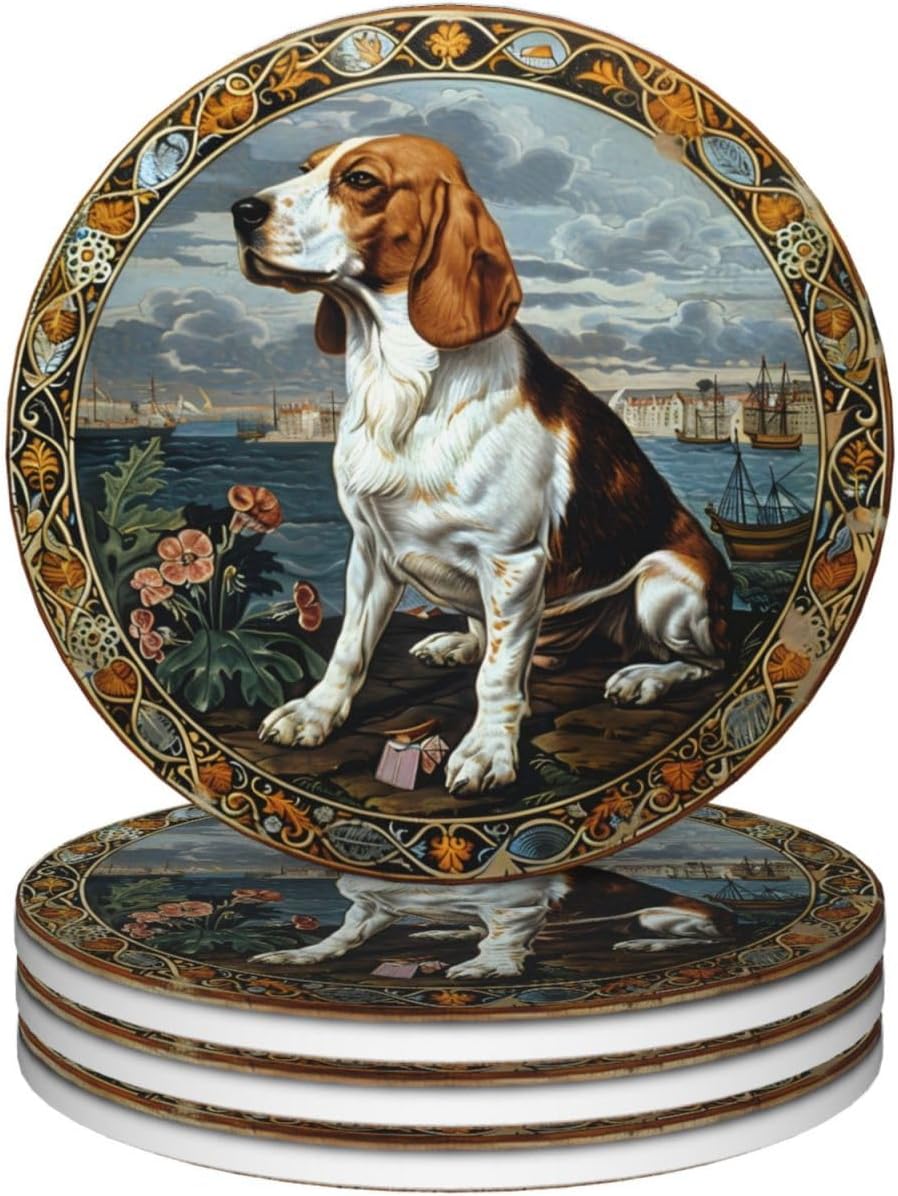 Beagle Elegant Cool Outdoor Table Wine Cup Coasters Set of 4 Kit, Art Decorative Round Drinks Tea Coasters for Living Room Bedroom Patio Bar Dining Glass Or Wooden Coffee Table Office Desk