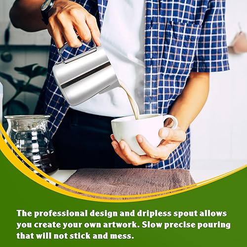 Miniatura 5 de Dandat 4 jarras de espuma de leche para café expreso, 12 onzas, acero inoxidable, vaporizador de leche, jarra espumadora para expreso, arte con