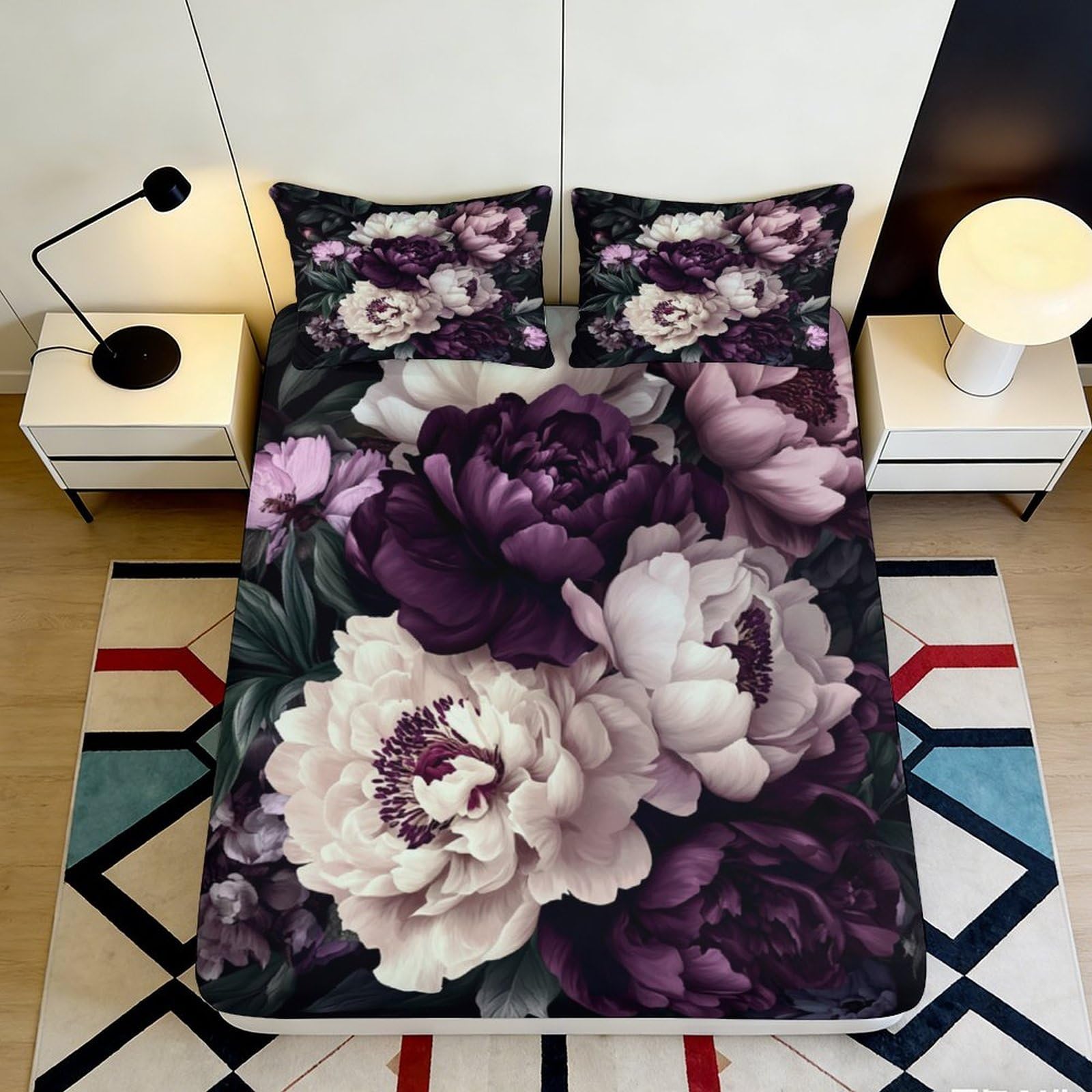 3D Printed Dark Peony Fitted Sheet Microfiber Soft Floral Blossom Mattress Cover for Bedroom Decor, Machine Washable Anti-Slip 90x200x25cm
