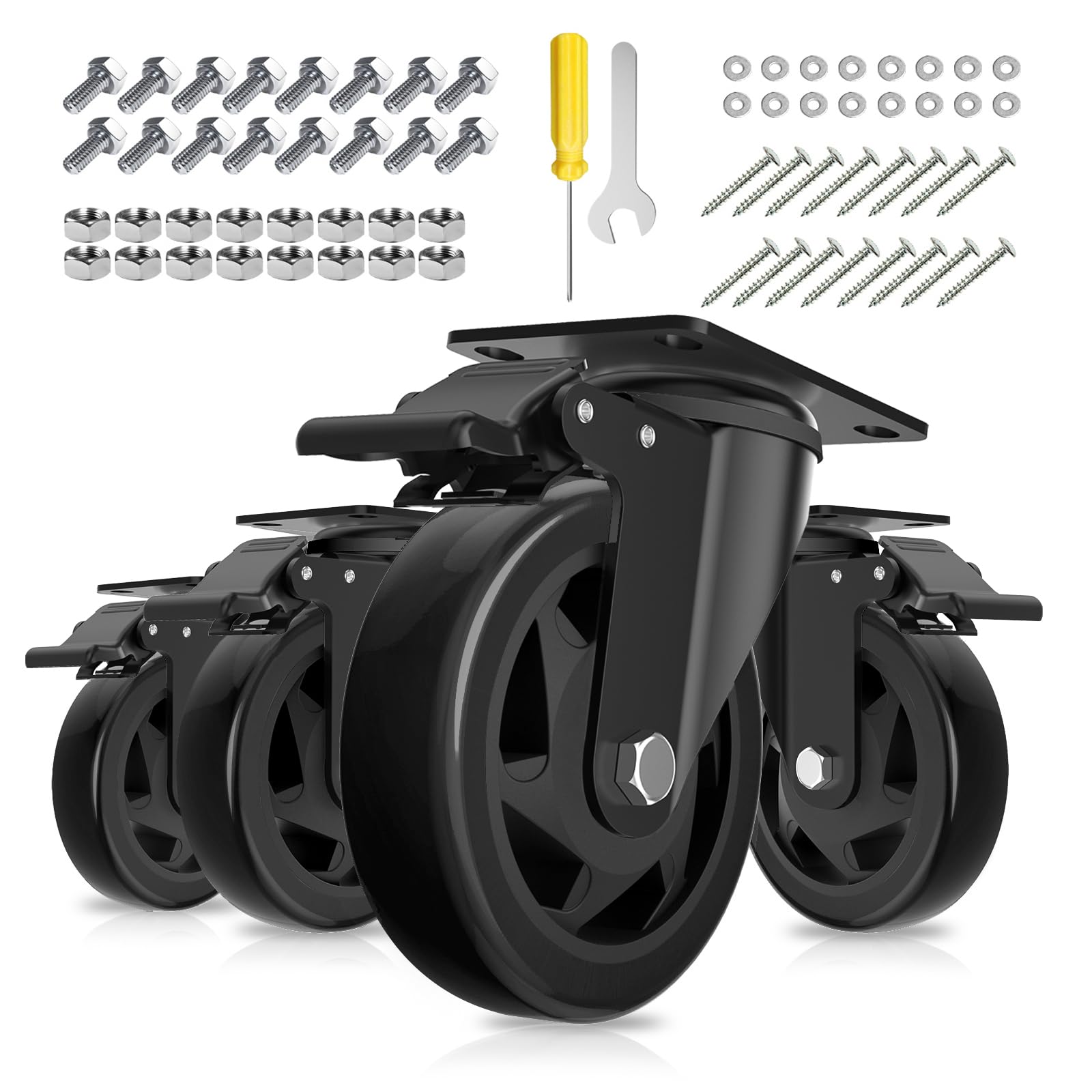 Ruedas giratorias de 4 pulgadas, juego de 4 ruedas giratorias, ruedas giratorias de alta resistencia con freno de 2200 libras, ruedas giratorias industriales con placa superior giratoria con bloqueo