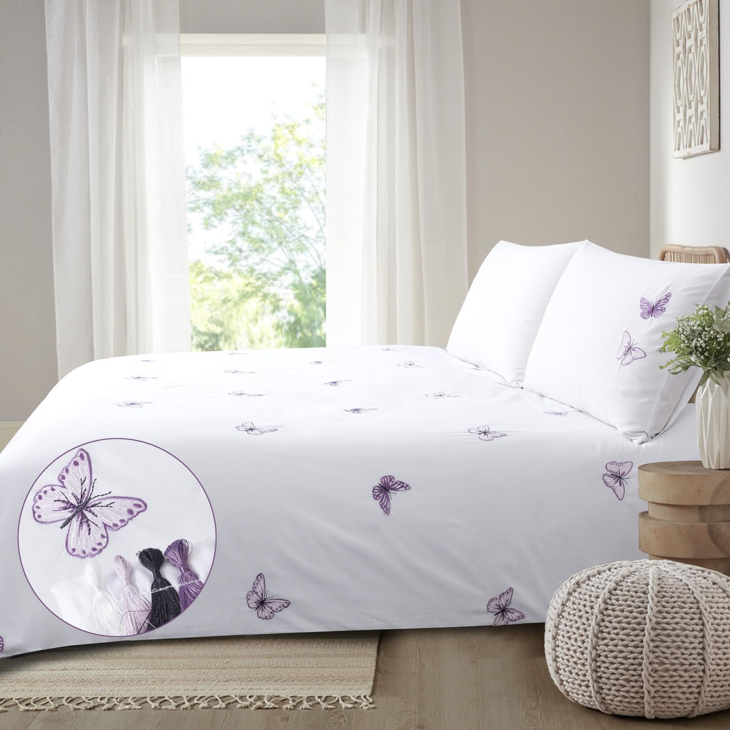 Chlophy Purple Butterfly Duvet Cover Embroidered King White Girls Spring Duvet Sets Pink Lavender Elegant Pretty Luxury Kids - Image 2