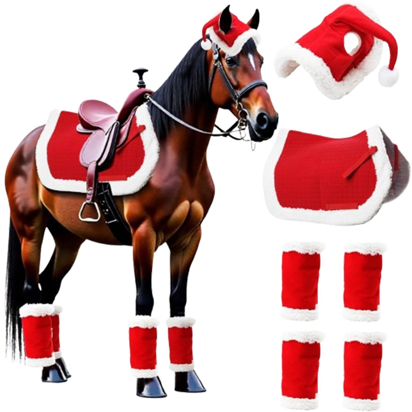 Christmas Horse Tack,Christmas Tack Horse Costume | Soft Warm Horse Leg Wraps Santa Hat Saddle Pad for Holiday Christmas Supplies