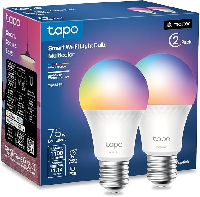 TP-Link | Tapo Tapo Multicolor Dimmable Smart Light Bulbs, L535E(2-Pack), A19 E26, 1100LM | Matter-Certified, 16M Colors RGBW LED, High Brightness(75W Equivalent), CRI>90, Voice Control w/Siri, Alexa & Google Home, Matter Light Bulb, 2 Pack