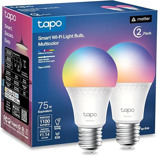 Lámparas Inteligentes TP-Link Tapo, 1100 Lúmenes de Alta Luminosidad (Equivalentes a 75W), Certificada Matter, Lámpara WiFi de 16M Colores, Ajustable, Compatible con Siri, Alexa y Google Home, A19 E26, Tapo L535E(2-Unidades)