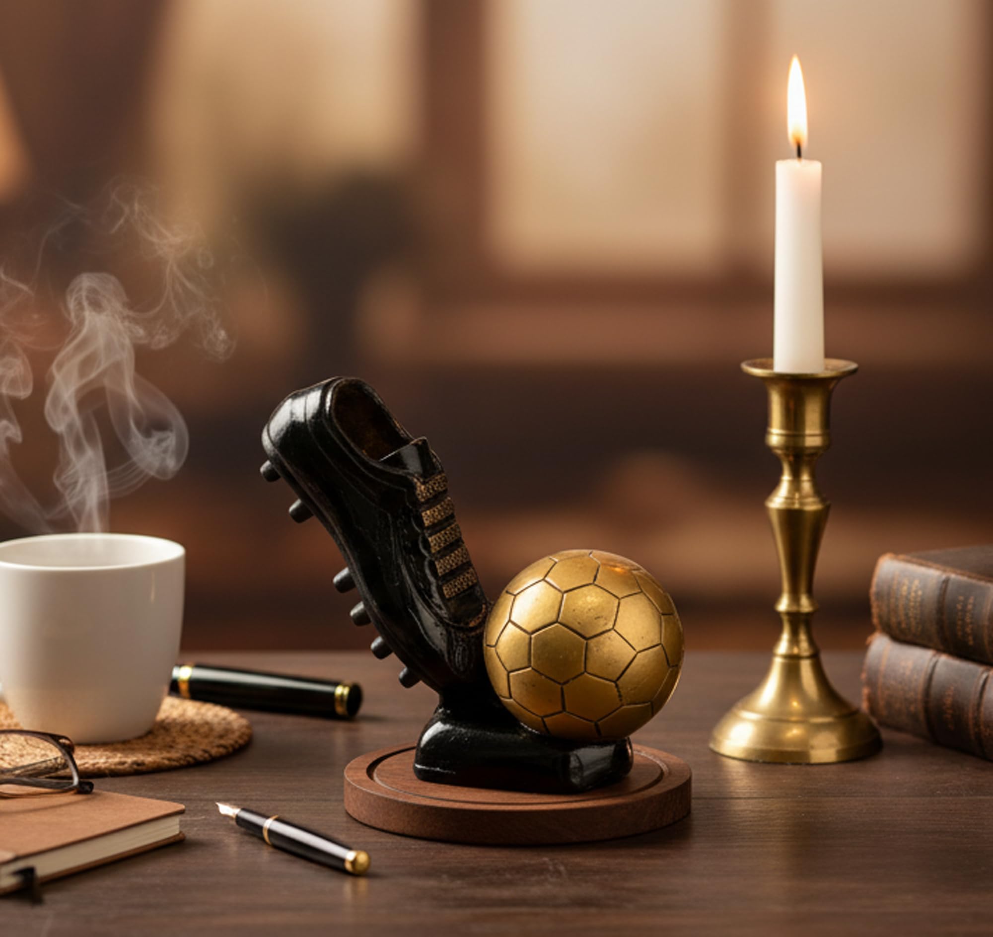 eSplanade Beautiful Brass Decorative Soccer Ball And Shoe Showpiece | Home Decor | Brass Sculpture | World Cup Golden Boot Trophy Look-Alike | European Golden Shoe Look-Alike