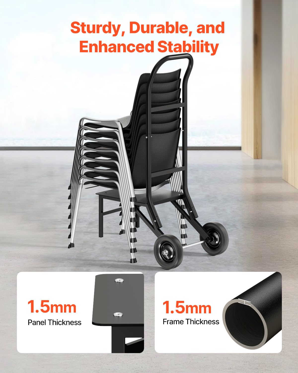 VEVOR Porta Sedie Pieghevole, Capacità di Carico 68 kg Carrello per Sedie Resistente per Impilare 10 Sedie, Carrello Porta Sedie in Metallo Multifunzione, Ruote in Gomma, Supporto per Sedia a Spinta