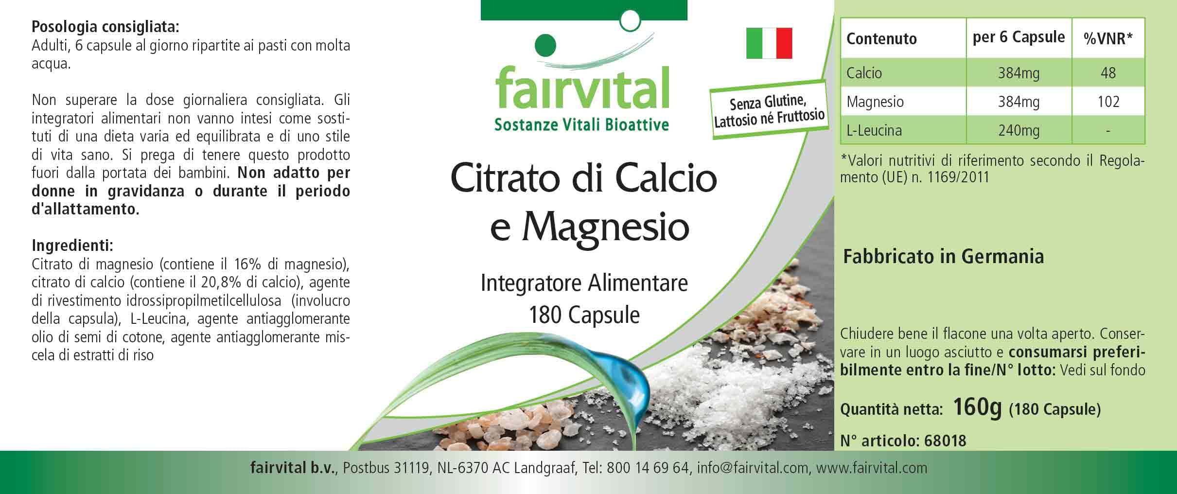 fairvital Citrato de calcio y magnesio, 180 cápsulas, ALTA DOSIS, cápsulas de calcio y magnesio, VEGANAS