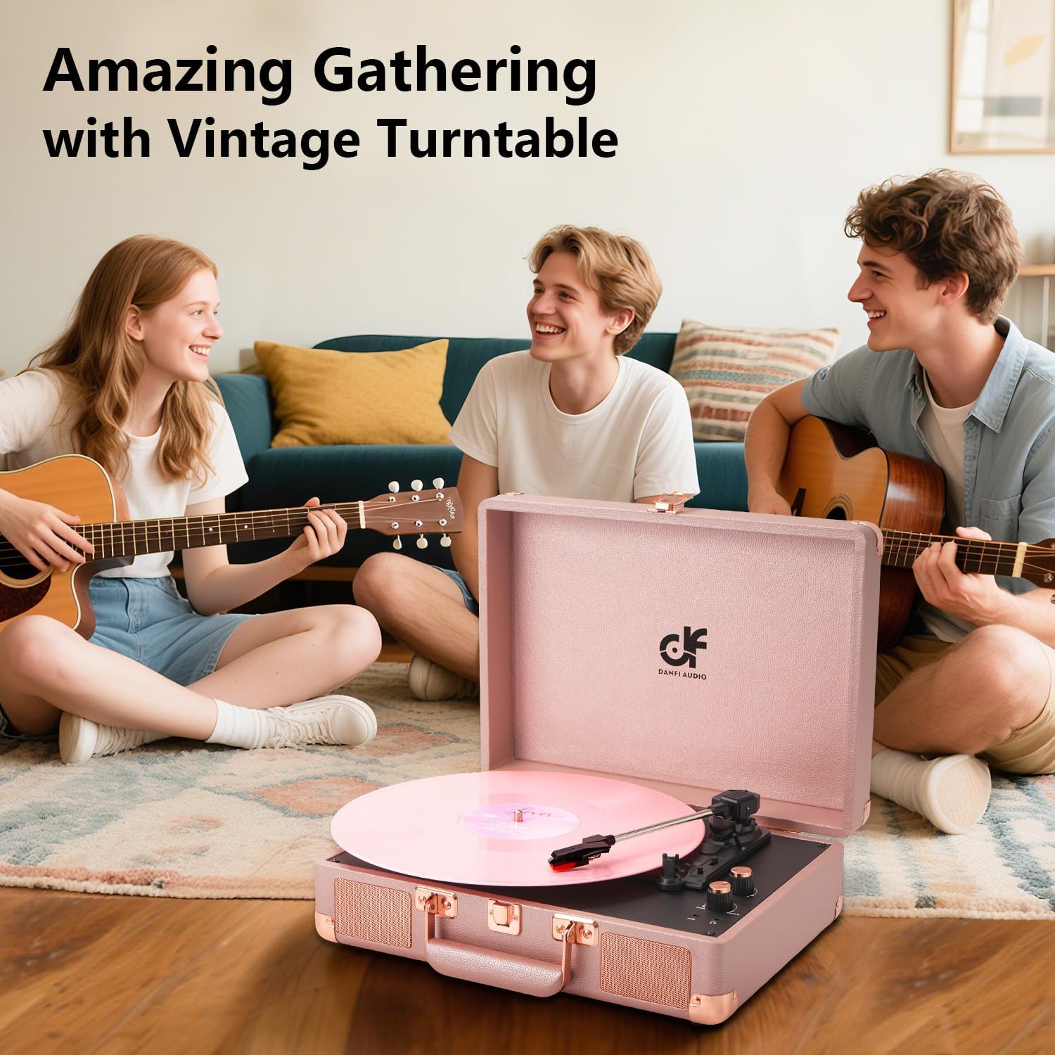 Vinyl Record Player 3-Speed Portable Suitcase Record Player with Built-in Speakers, Headphone Jack, RCA-Out/AUX-in, Vintage Belt-Driven Turntable, Pink & Rose Gold
