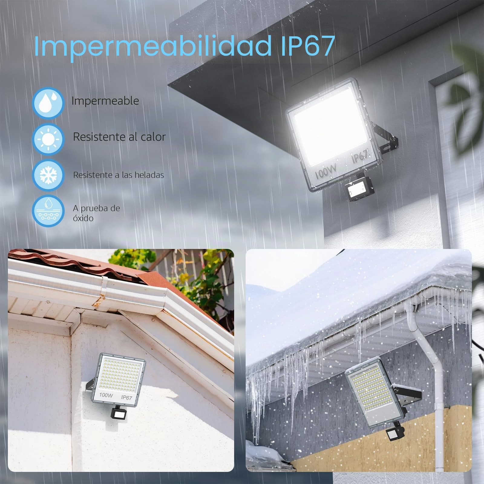 Focos LED Exterior con Sensor de Movimiento 100W, Foco LED con Sensor de Movimiento 10000LM 6500K Blanco Frío Impermeable IP67 para Jardin(2 Piezas)