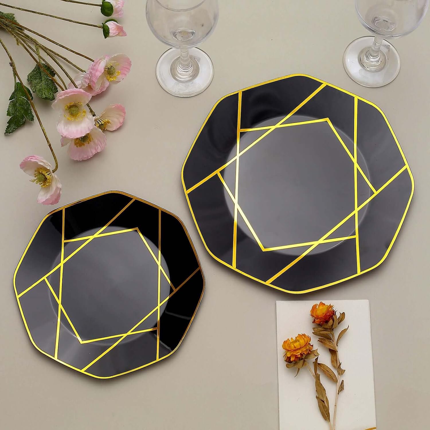 EfavorMart 10 Pack Modern Octagon Black & Gold Salad Plates, 8" Geometric Heavy Duty Disposable Dessert & Appetizer Plates for Parties Event