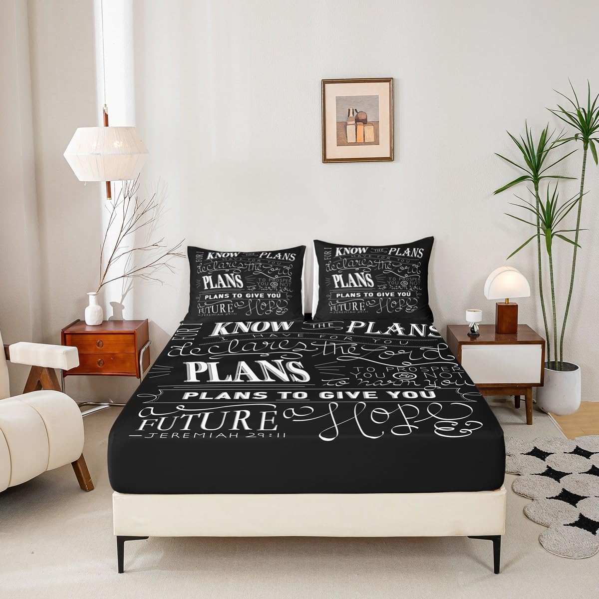 Kids Vintage Bible Verse Fitted Sheet Christian Bible Verse Jeremiah Bed Sheet Set for Boys Children Teens Bedroom Decor Modern Bedding Set Black Bedspread Cover Twin Size with 1 Pillow Case