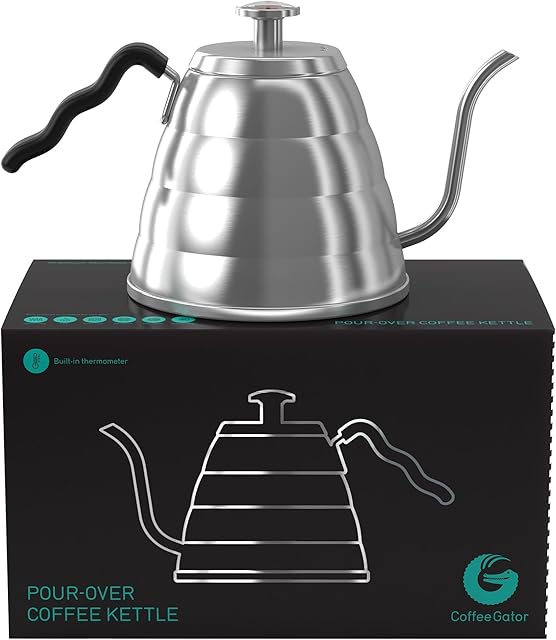 Gooseneck Kettle - Coffee Gator Pour Over Kettle - Precision-Flow Spout and Thermometer - Barista-Standard Hand Drip Tea and Coffee Kettle for Induction and All Stovetops - 1.2 Litre