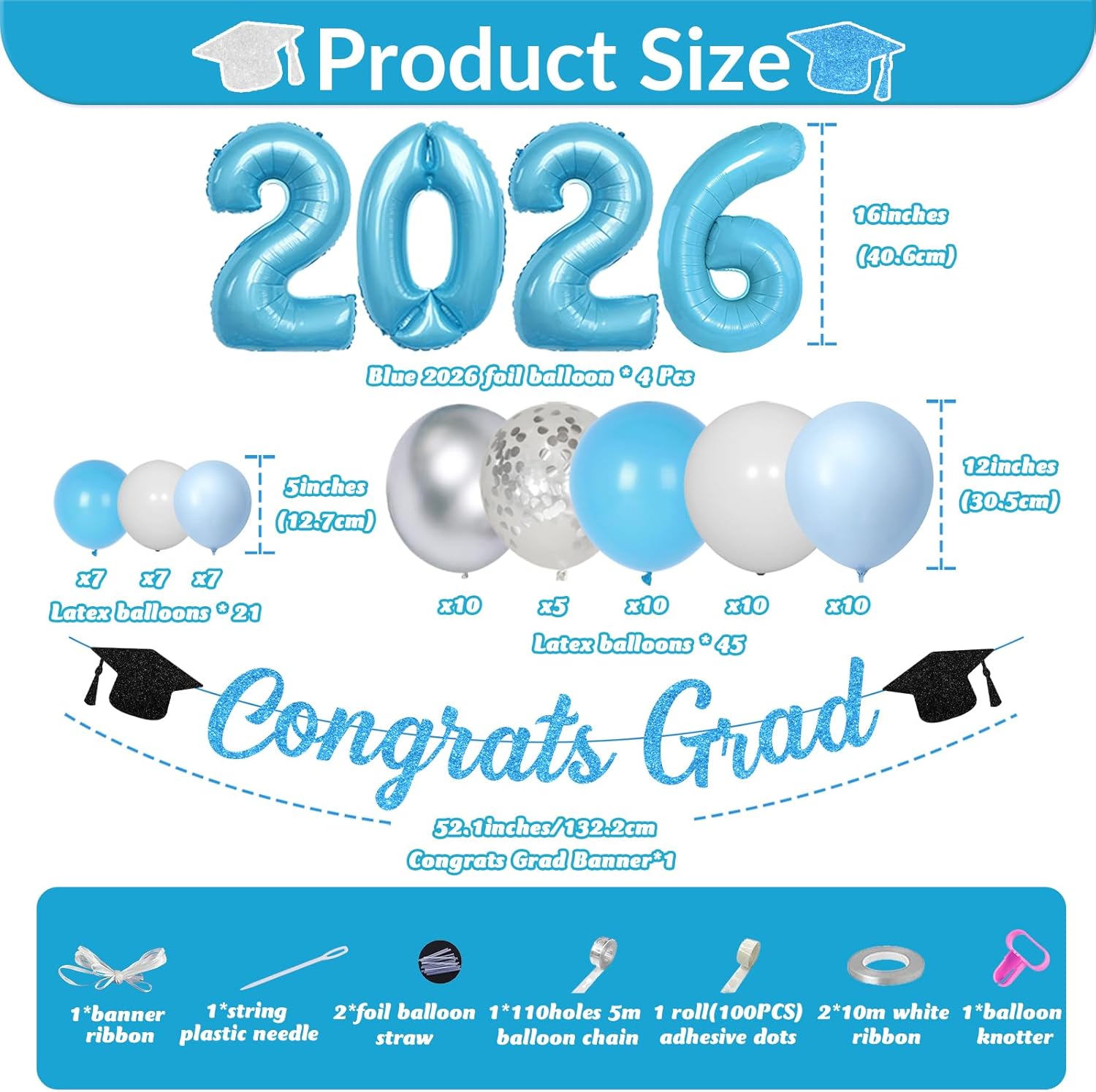 2026 Graduation Party Decorations Sky Blue Class of 2026 Graduate Balloons Set Include Congrats Grad Banner Number 2026 Foil Balloons for High School College Congrats Grad Party Supplies - Image 7
