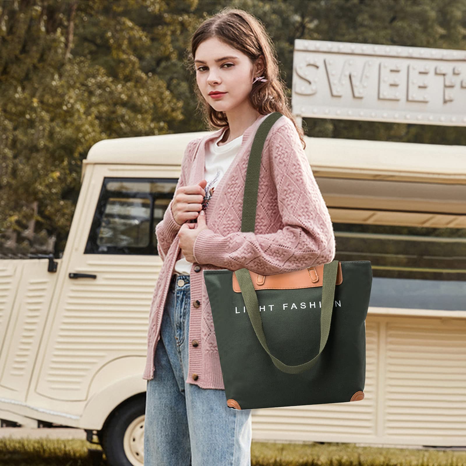Bolsos de Mujer Grande Bolsos de Hombro de Lona Bolso Bandolera Multifuncional Bolso Tote Shopper Bolso para Trabajo Escuela Viaje Uso Diario Verde