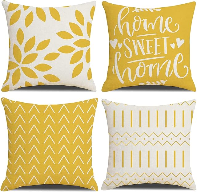 OCEUMACO Linen Cushion Covers 40cm x 40cm Sofa Living Room Set of 4 Home Sweet Home Throw Pillow Cases 16 x 16 Outdoor Decorative Geometric Boho Floral Pillowcases Cushions Cover - Yellow Mustard